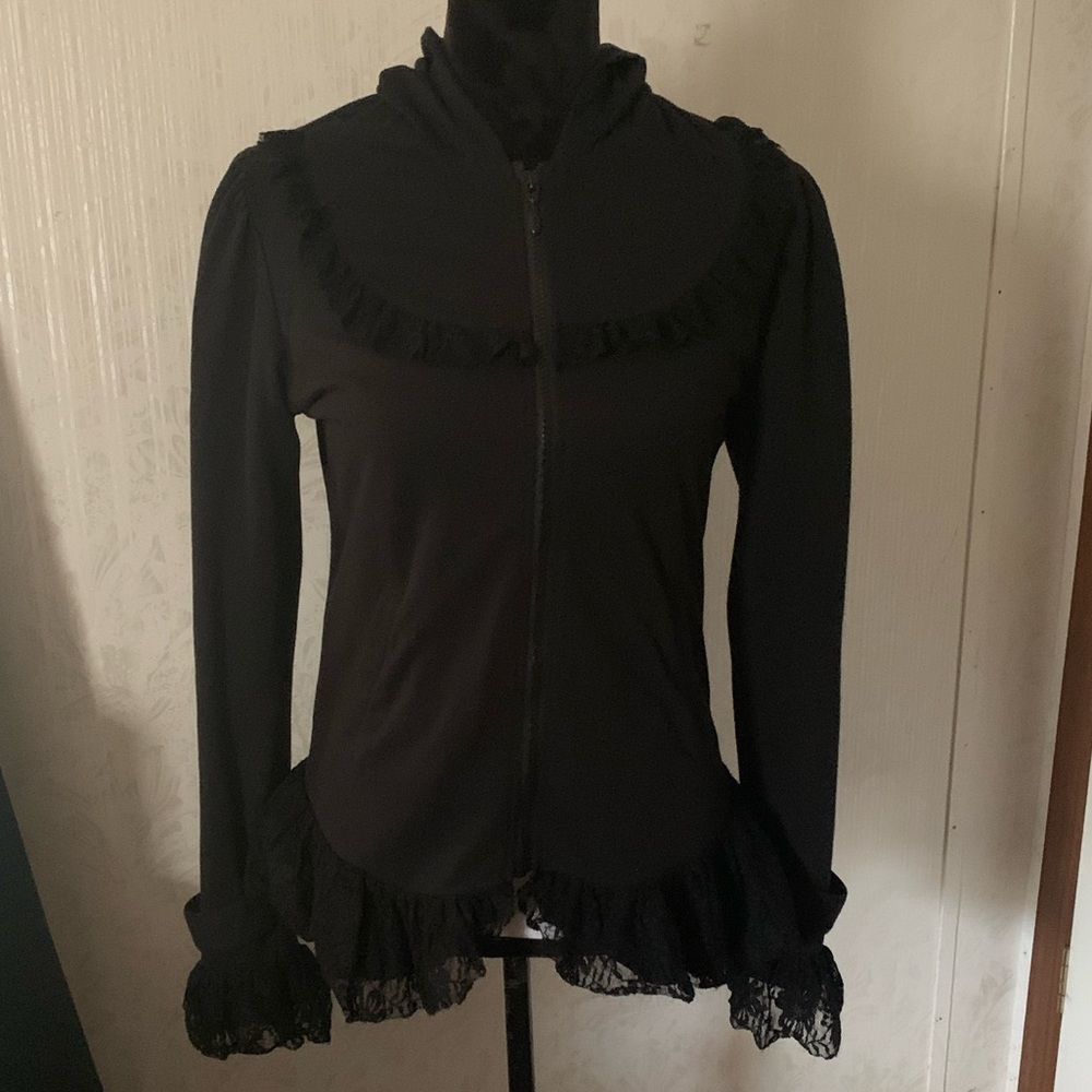 VTG? Midnight Hour Black Zip-Up Hoodie with Lace Details